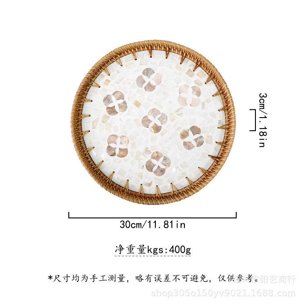 Handmade Woven Rattan Tray with Colorful Pearl Shell Vintage Fruit Tray