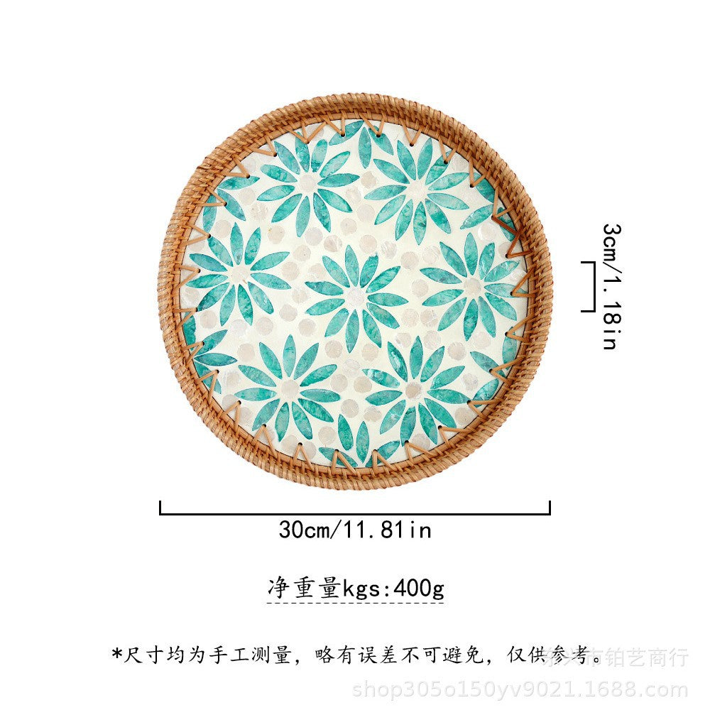 Handmade Woven Rattan Tray with Colorful Pearl Shell Vintage Fruit Tray