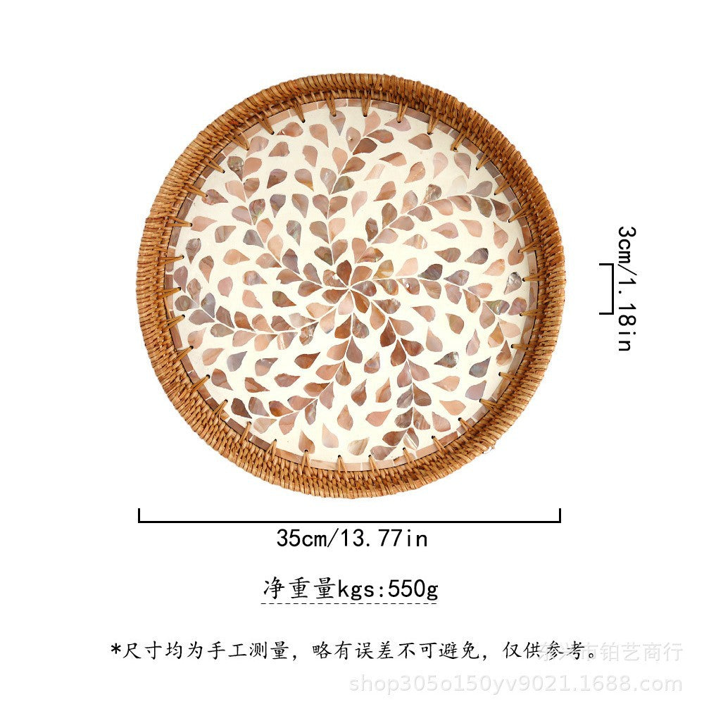 Handmade Woven Rattan Tray with Colorful Pearl Shell Vintage Fruit Tray