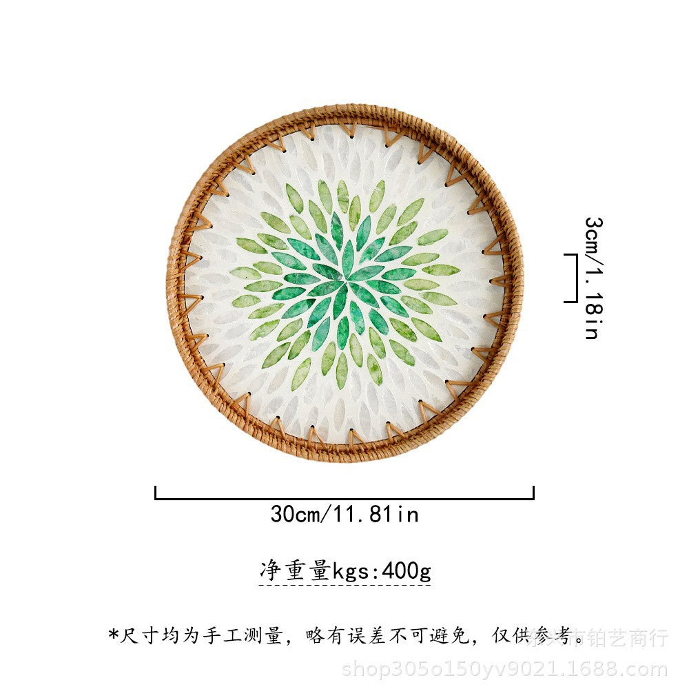 Handmade Woven Rattan Tray with Colorful Pearl Shell Vintage Fruit Tray
