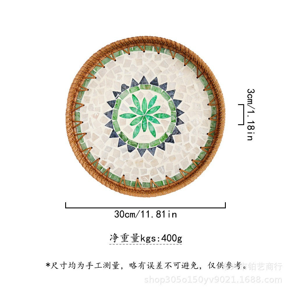 Handmade Woven Rattan Tray with Colorful Pearl Shell Vintage Fruit Tray