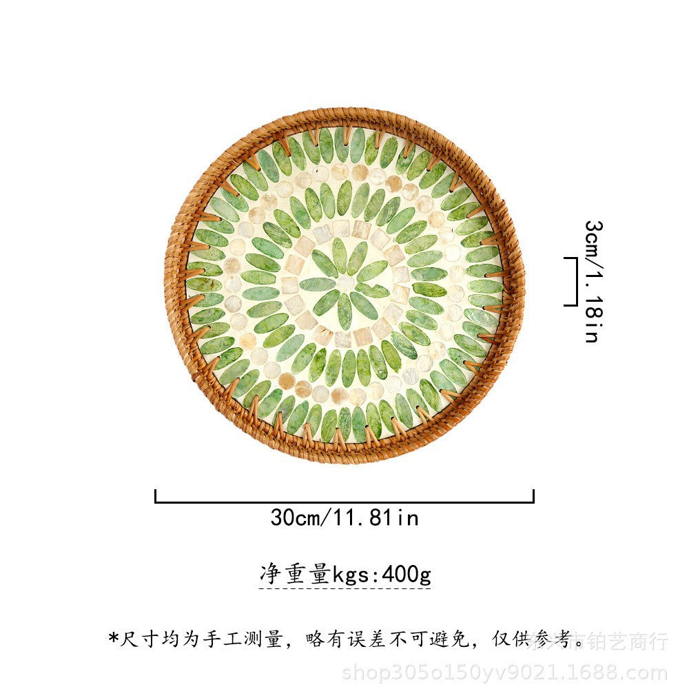 Handmade Woven Rattan Tray with Colorful Pearl Shell Vintage Fruit Tray