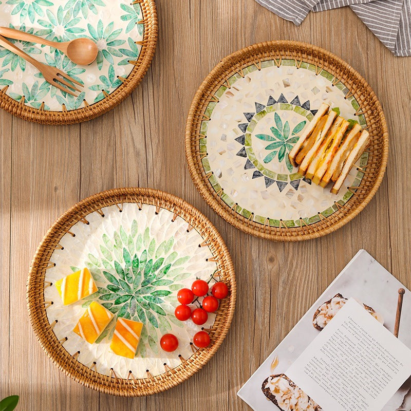 Handmade Woven Rattan Tray with Colorful Pearl Shell Vintage Fruit Tray