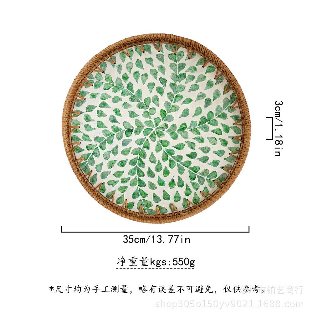 Handmade Woven Rattan Tray with Colorful Pearl Shell Vintage Fruit Tray