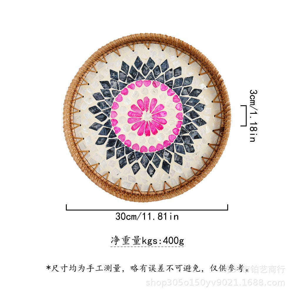 Handmade Woven Rattan Tray with Colorful Pearl Shell Vintage Fruit Tray