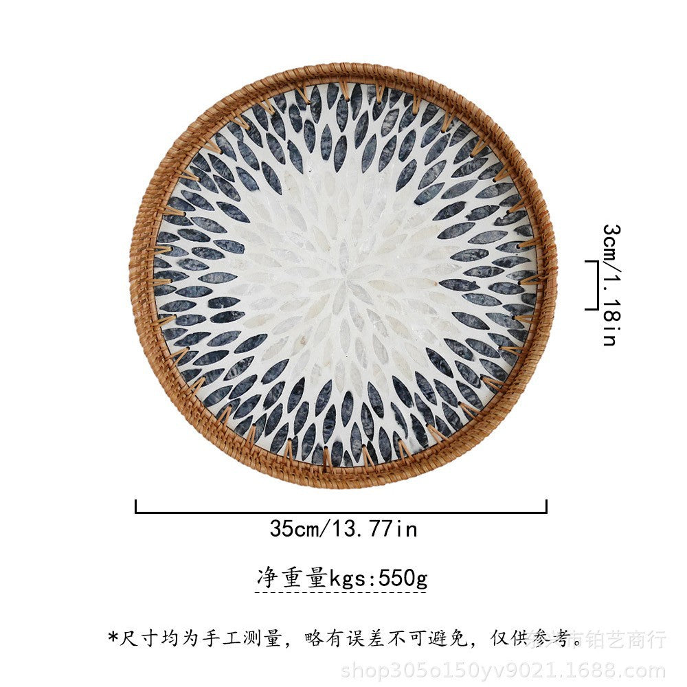 Handmade Woven Rattan Tray with Colorful Pearl Shell Vintage Fruit Tray