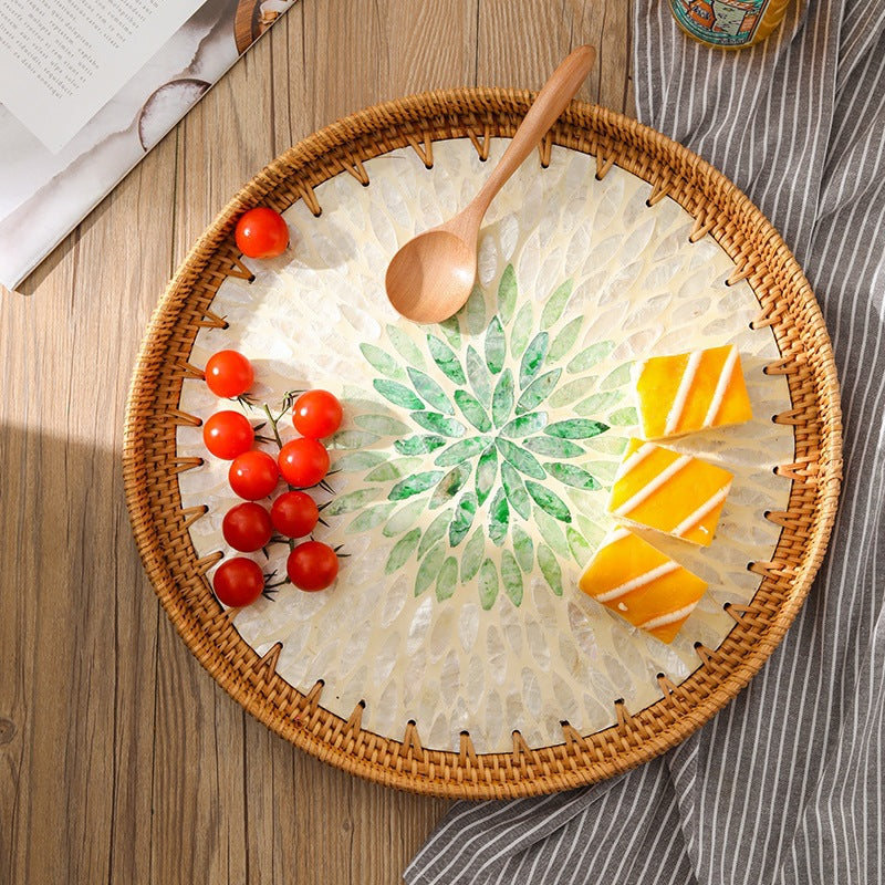 Handmade Woven Rattan Tray with Colorful Pearl Shell Vintage Fruit Tray