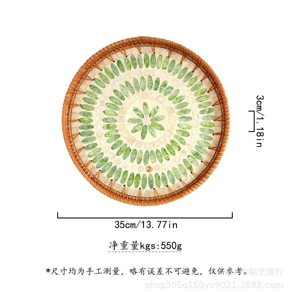 Handmade Woven Rattan Tray with Colorful Pearl Shell Vintage Fruit Tray