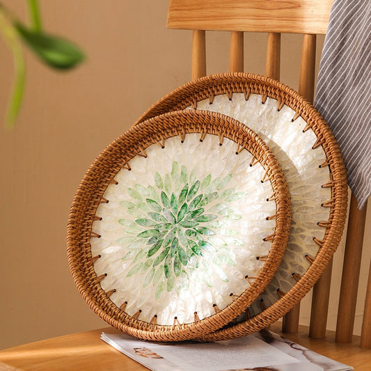 Handmade Woven Rattan Tray with Colorful Pearl Shell Vintage Fruit Tray