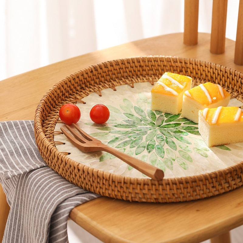 Handmade Woven Rattan Tray with Colorful Pearl Shell Vintage Fruit Tray