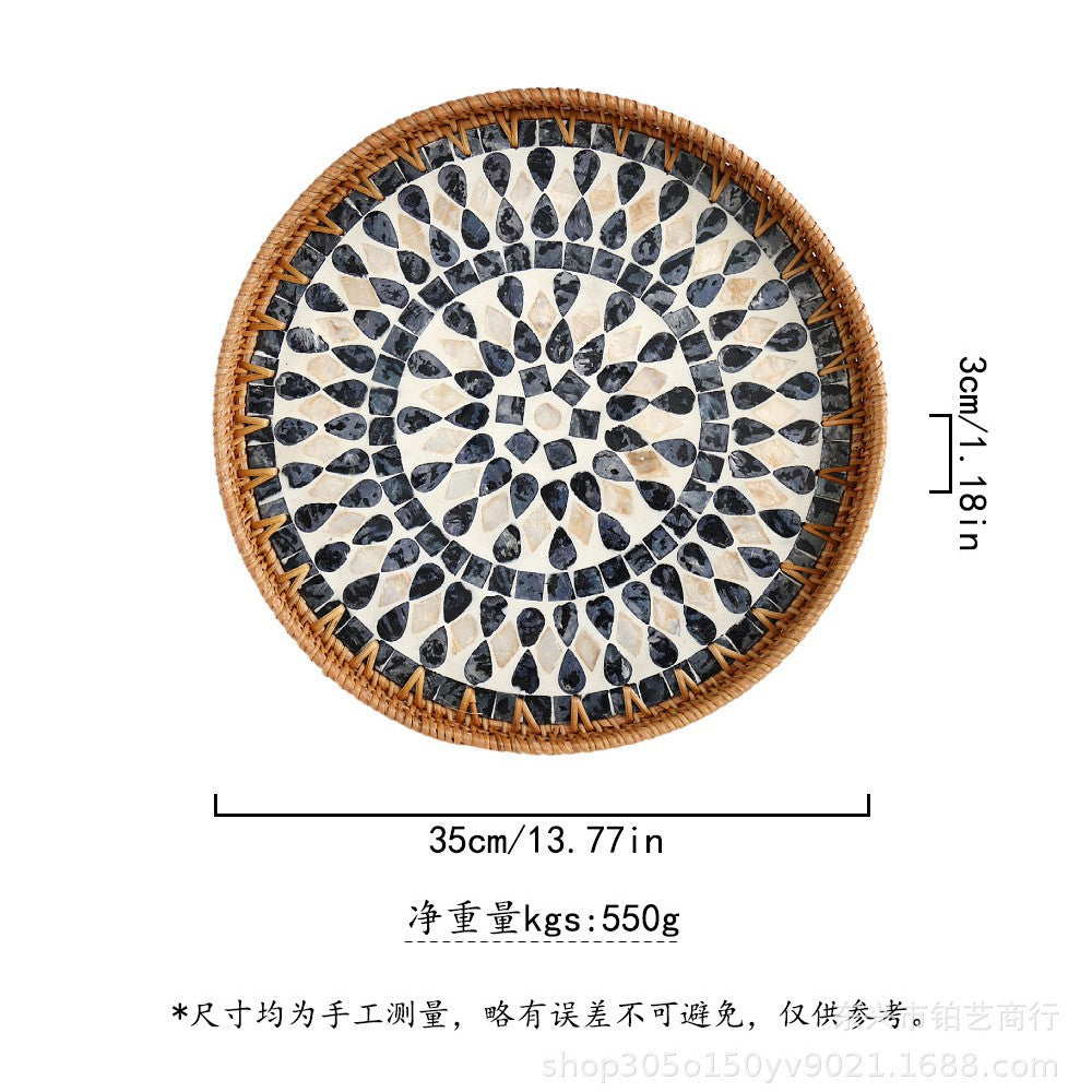 Handmade Woven Rattan Tray with Colorful Pearl Shell Vintage Fruit Tray