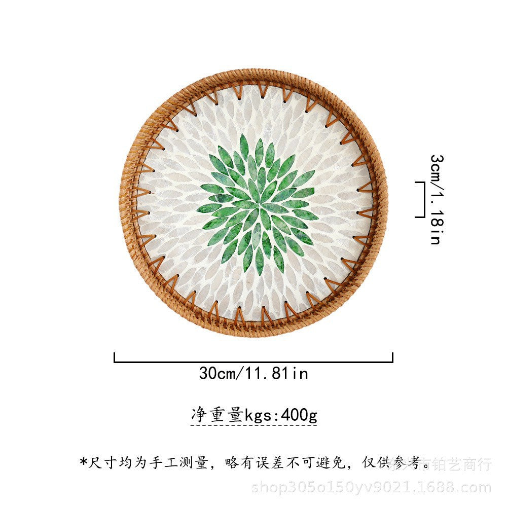 Handmade Woven Rattan Tray with Colorful Pearl Shell Vintage Fruit Tray