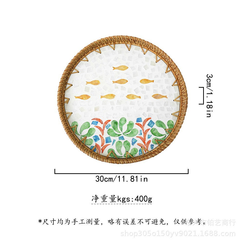 Handmade Woven Rattan Tray with Colorful Pearl Shell Vintage Fruit Tray