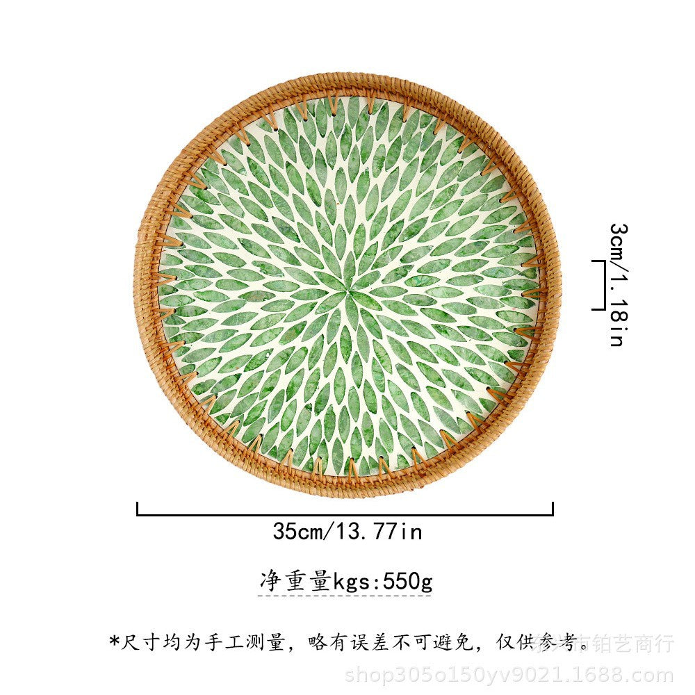 Handmade Woven Rattan Tray with Colorful Pearl Shell Vintage Fruit Tray