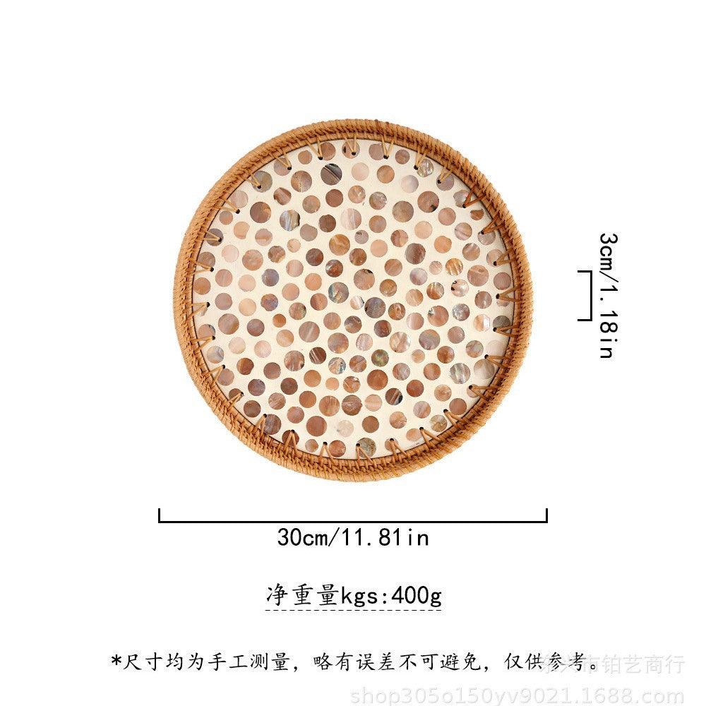 Handmade Woven Rattan Tray with Colorful Pearl Shell Vintage Fruit Tray