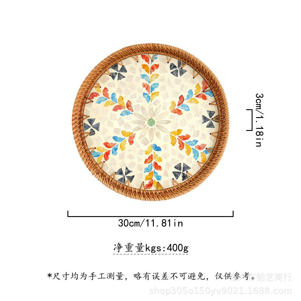 Handmade Woven Rattan Tray with Colorful Pearl Shell Vintage Fruit Tray