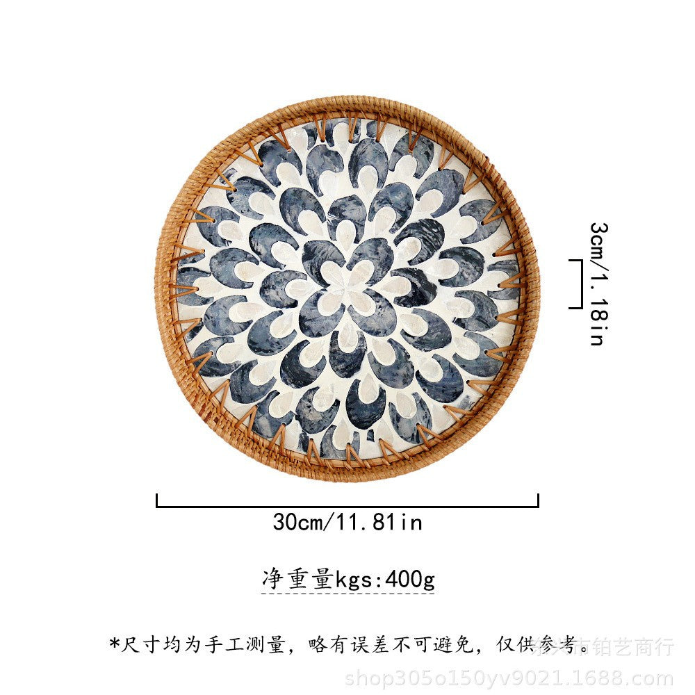 Handmade Woven Rattan Tray with Colorful Pearl Shell Vintage Fruit Tray