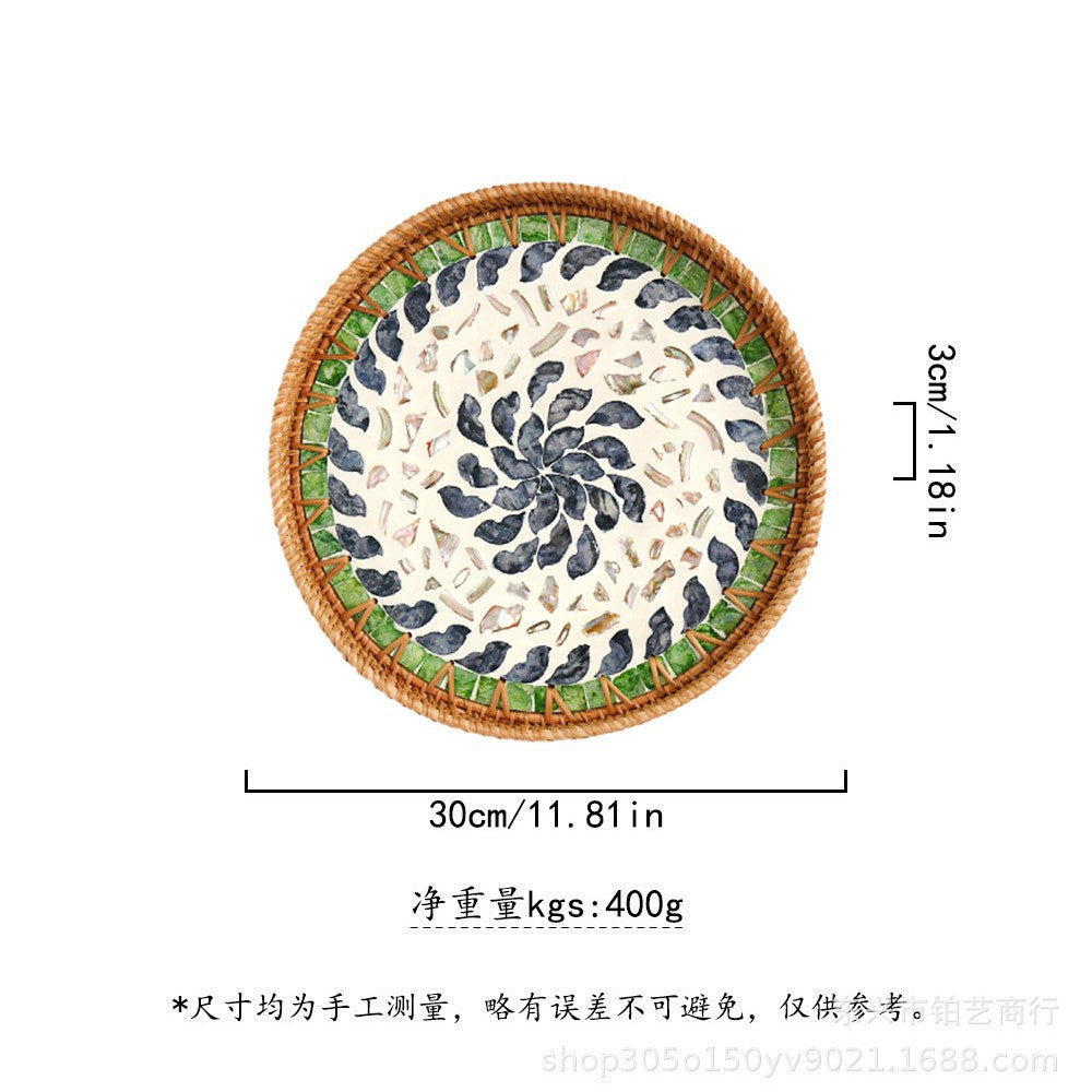 Handmade Woven Rattan Tray with Colorful Pearl Shell Vintage Fruit Tray