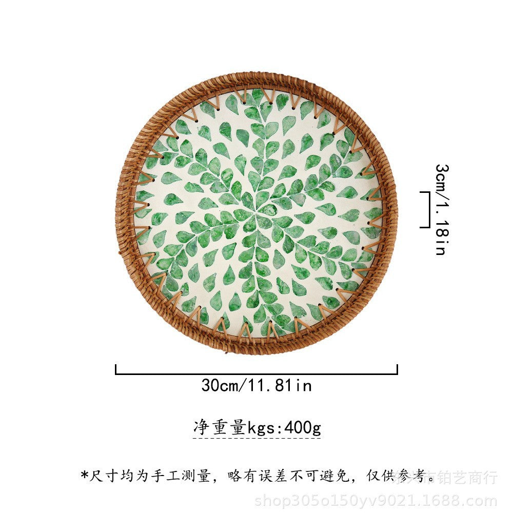 Handmade Woven Rattan Tray with Colorful Pearl Shell Vintage Fruit Tray