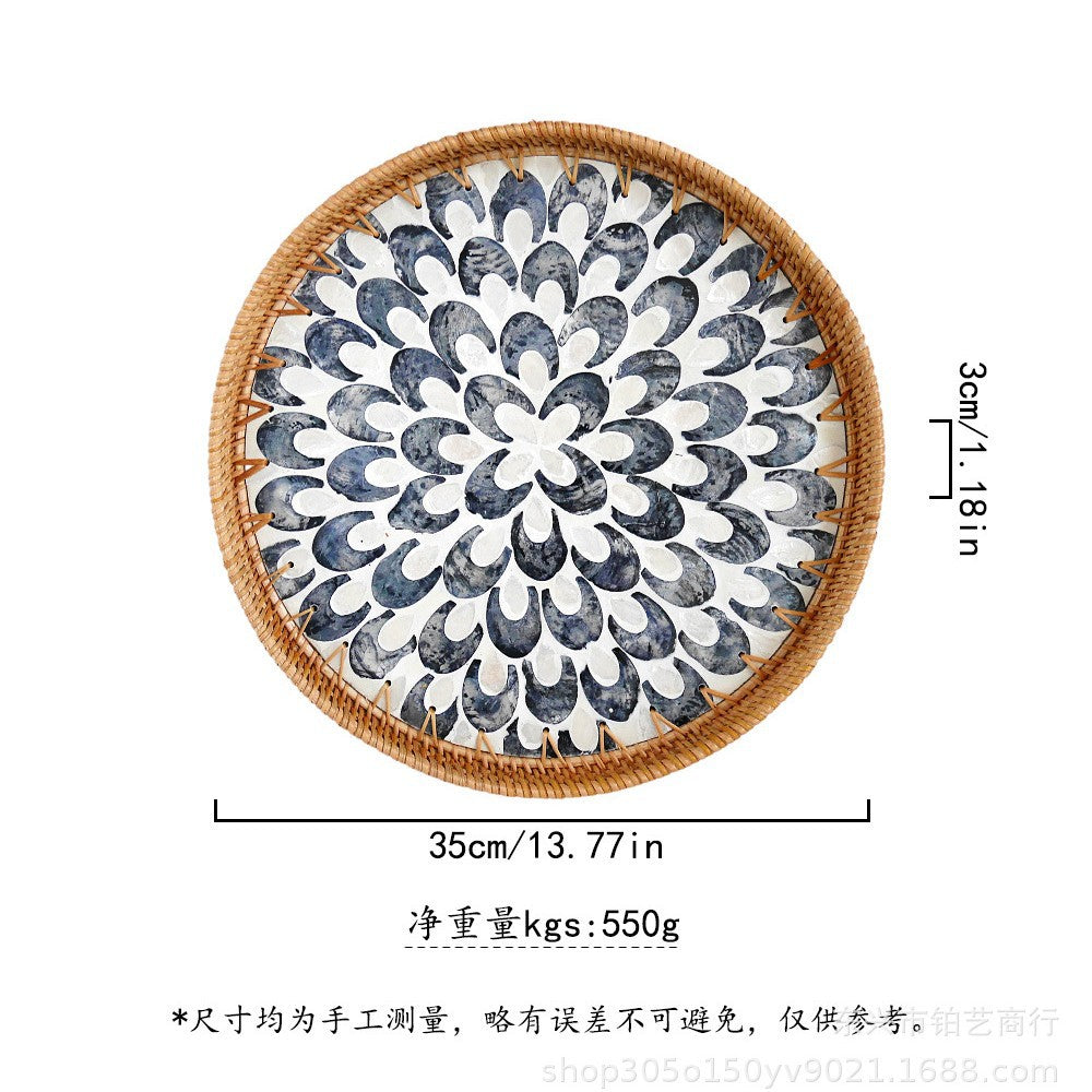 Handmade Woven Rattan Tray with Colorful Pearl Shell Vintage Fruit Tray