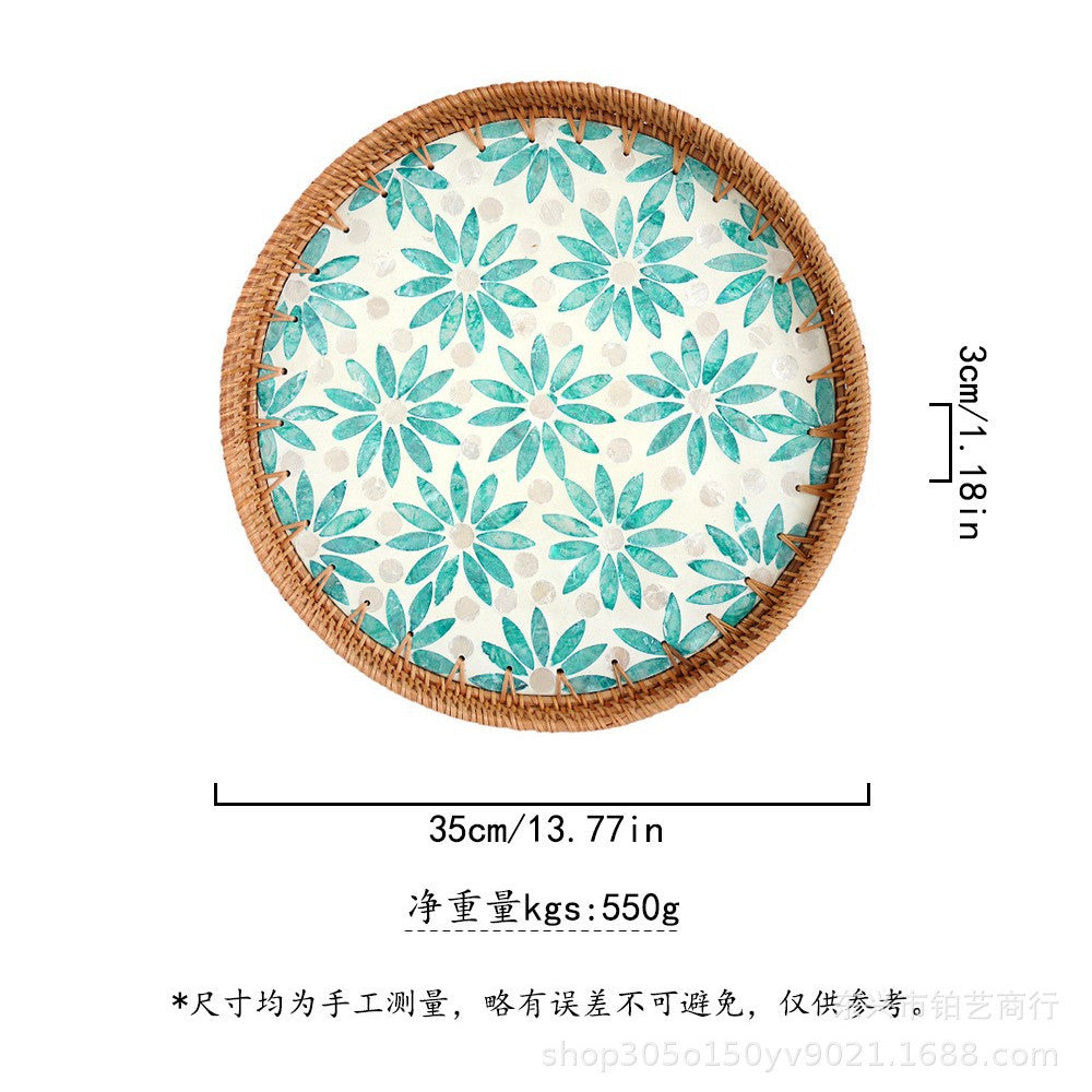 Handmade Woven Rattan Tray with Colorful Pearl Shell Vintage Fruit Tray
