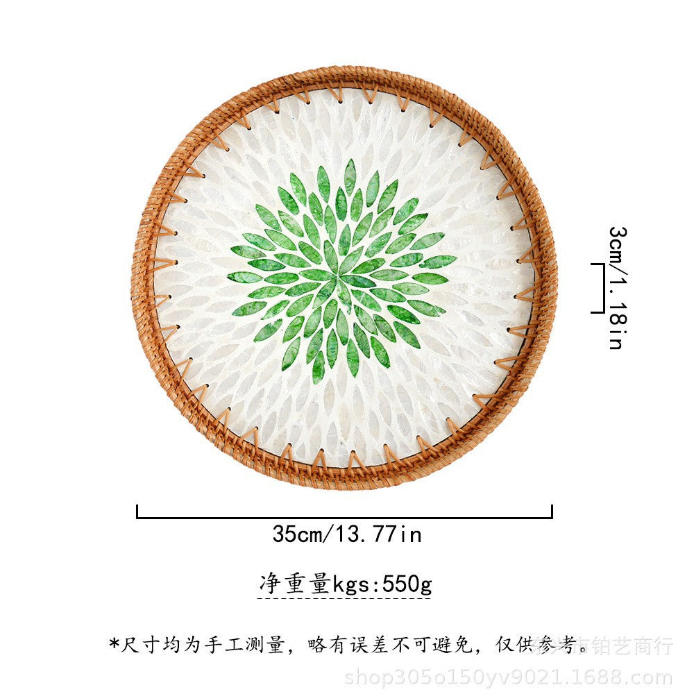 Handmade Woven Rattan Tray with Colorful Pearl Shell Vintage Fruit Tray