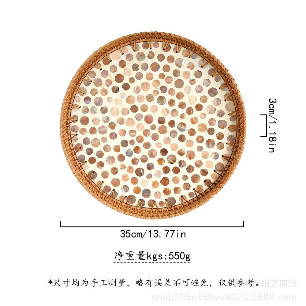Handmade Woven Rattan Tray with Colorful Pearl Shell Vintage Fruit Tray