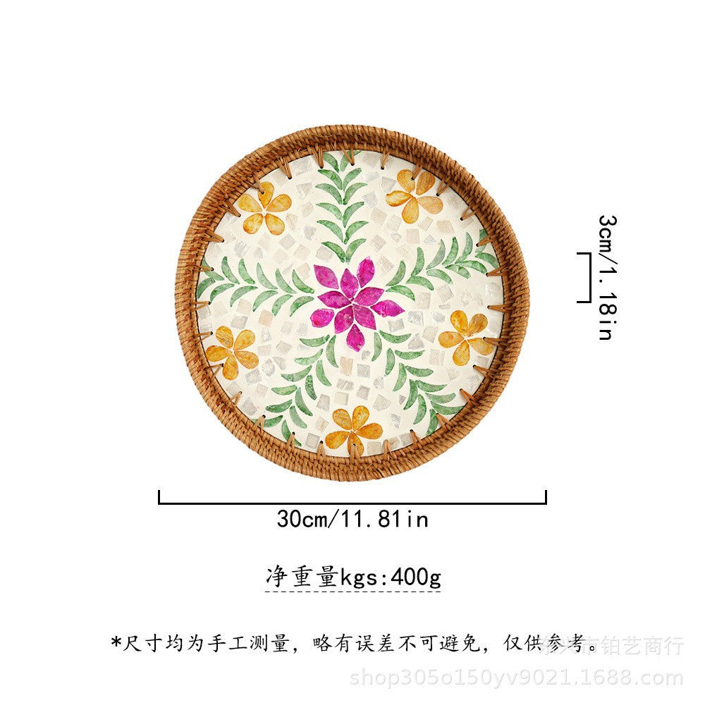 Handmade Woven Rattan Tray with Colorful Pearl Shell Vintage Fruit Tray