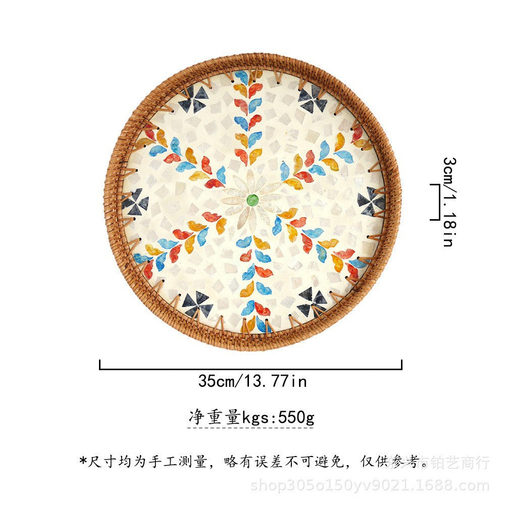 Handmade Woven Rattan Tray with Colorful Pearl Shell Vintage Fruit Tray