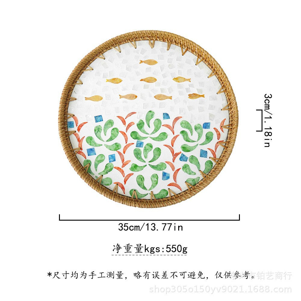 Handmade Woven Rattan Tray with Colorful Pearl Shell Vintage Fruit Tray