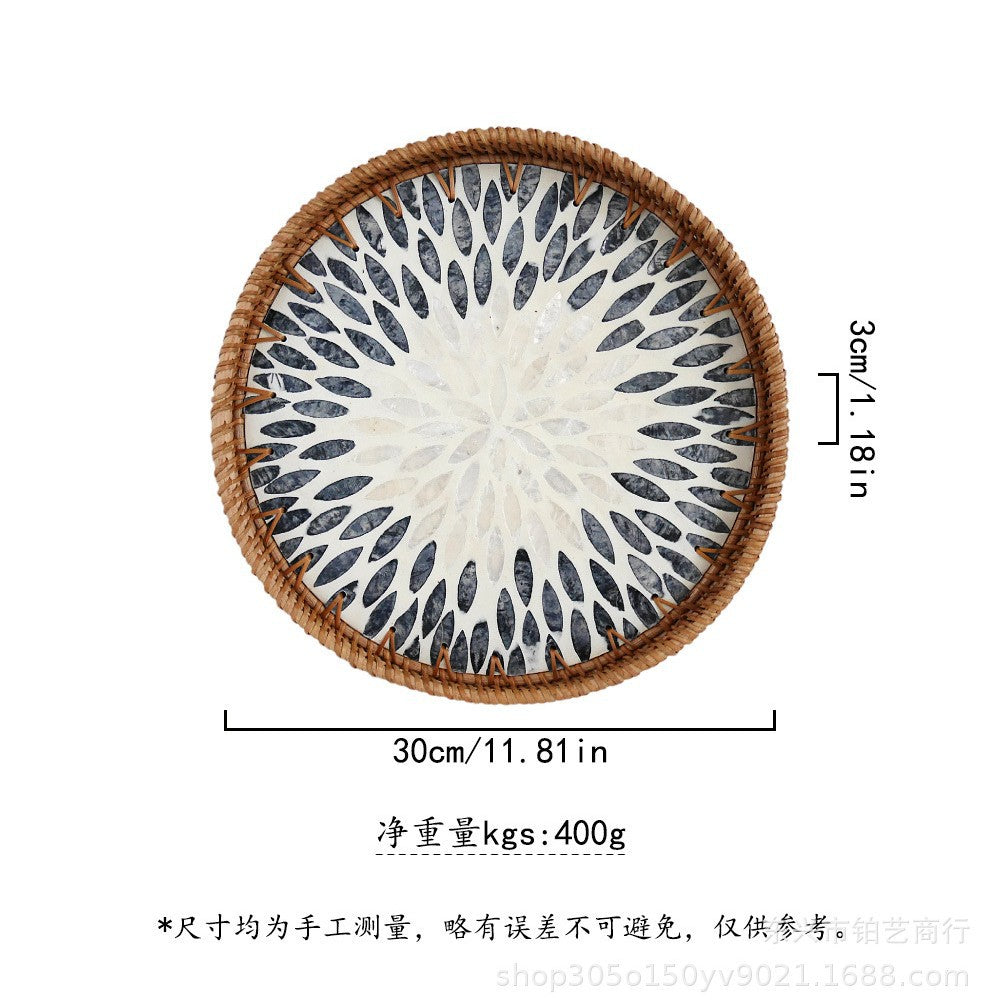 Handmade Woven Rattan Tray with Colorful Pearl Shell Vintage Fruit Tray