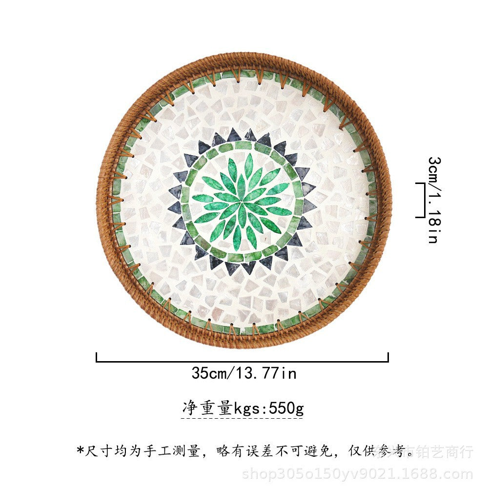 Handmade Woven Rattan Tray with Colorful Pearl Shell Vintage Fruit Tray