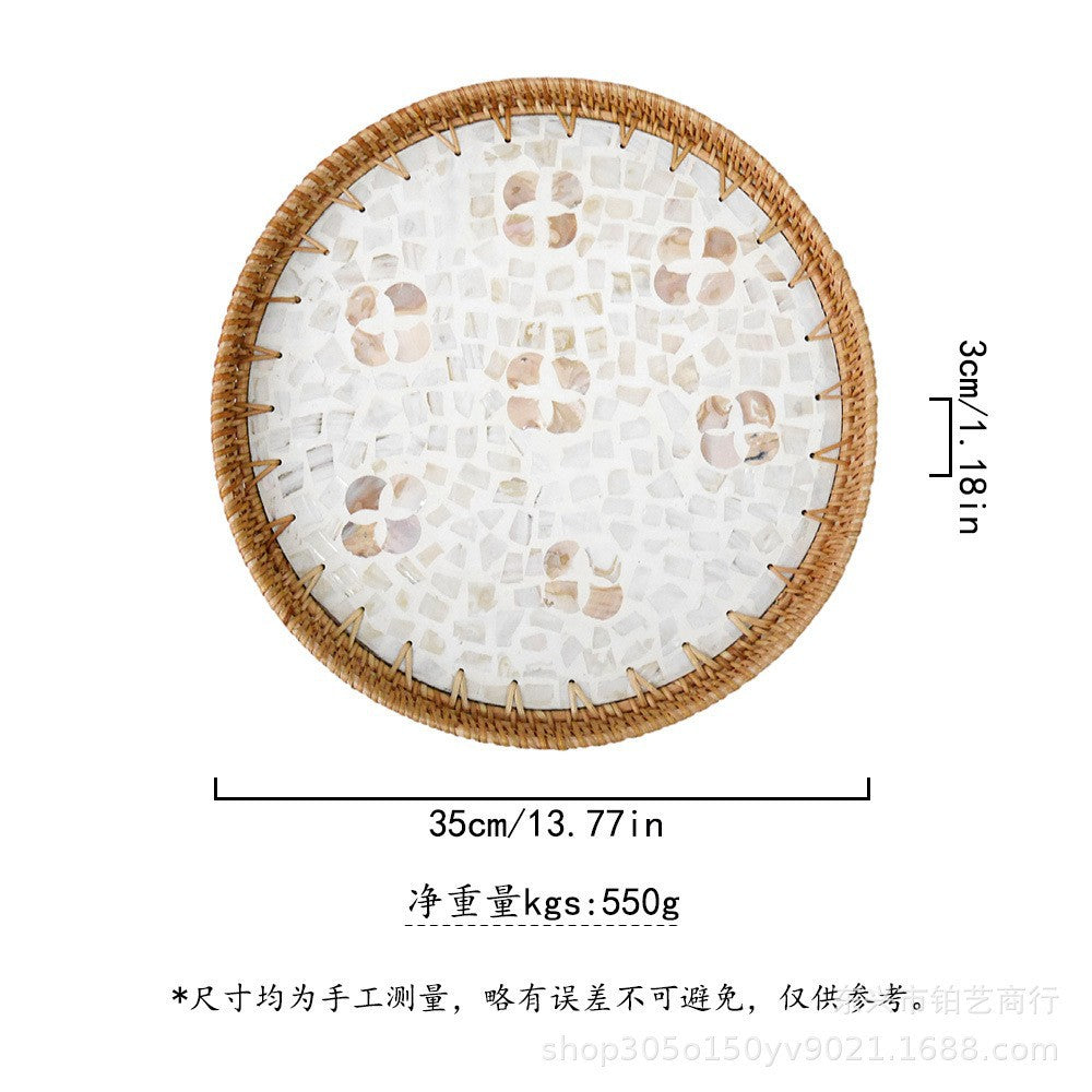 Handmade Woven Rattan Tray with Colorful Pearl Shell Vintage Fruit Tray