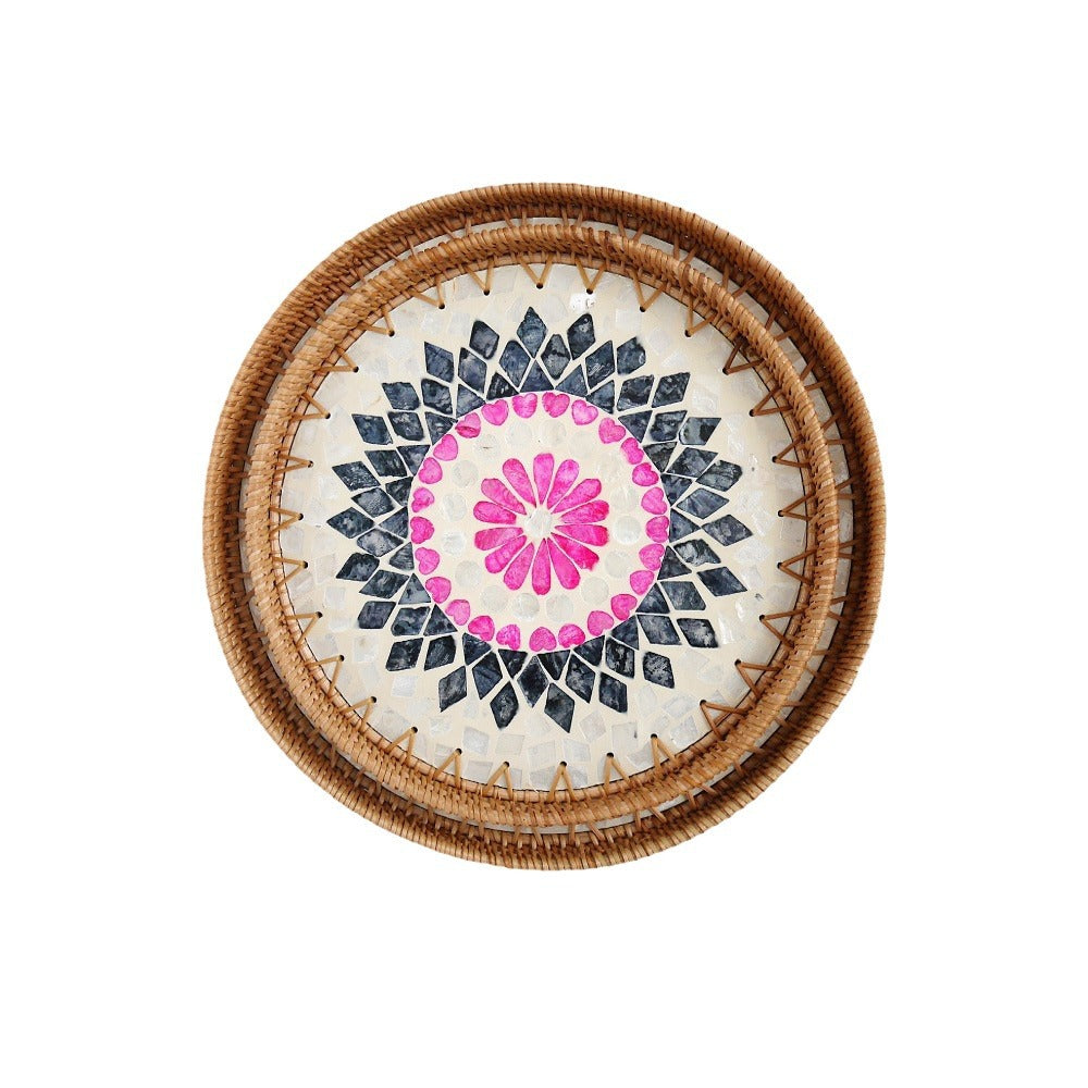 Handmade Woven Rattan Tray with Colorful Pearl Shell Vintage Fruit Tray