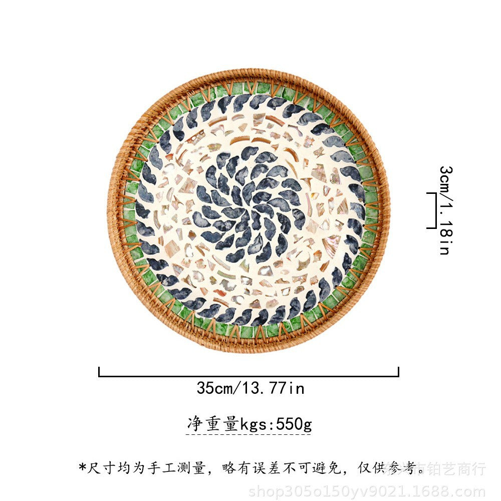 Handmade Woven Rattan Tray with Colorful Pearl Shell Vintage Fruit Tray