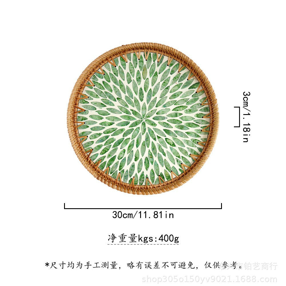 Handmade Woven Rattan Tray with Colorful Pearl Shell Vintage Fruit Tray