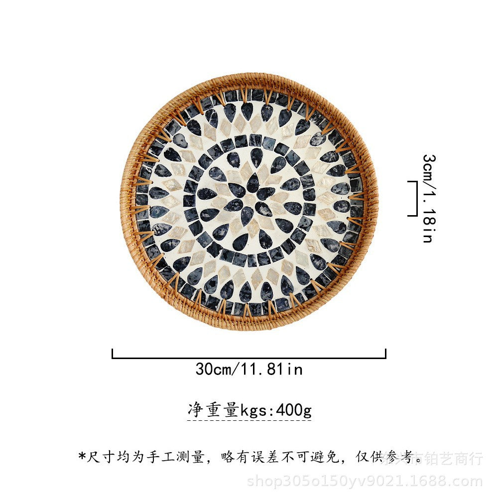Handmade Woven Rattan Tray with Colorful Pearl Shell Vintage Fruit Tray