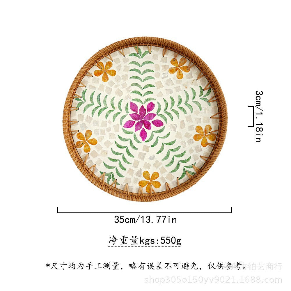 Handmade Woven Rattan Tray with Colorful Pearl Shell Vintage Fruit Tray
