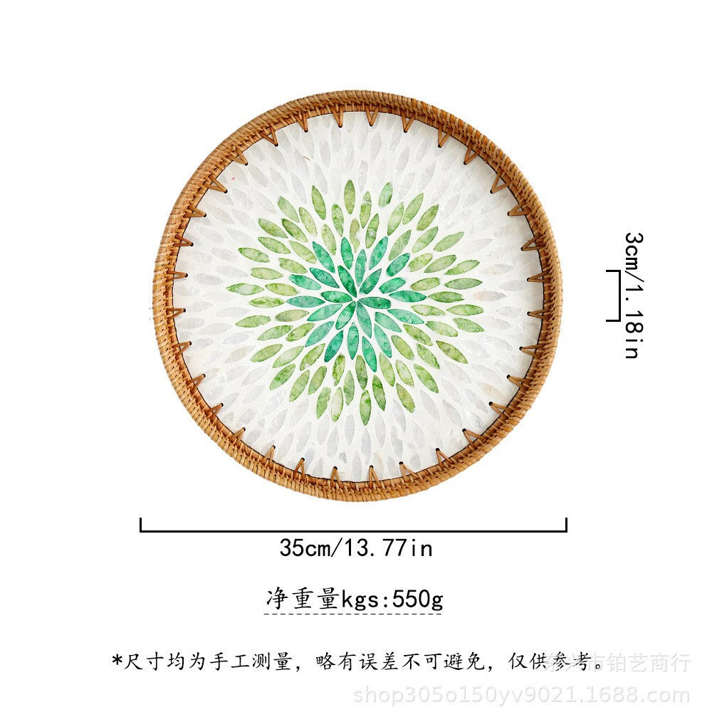 Handmade Woven Rattan Tray with Colorful Pearl Shell Vintage Fruit Tray