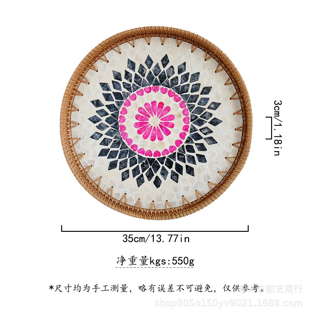 Handmade Woven Rattan Tray with Colorful Pearl Shell Vintage Fruit Tray